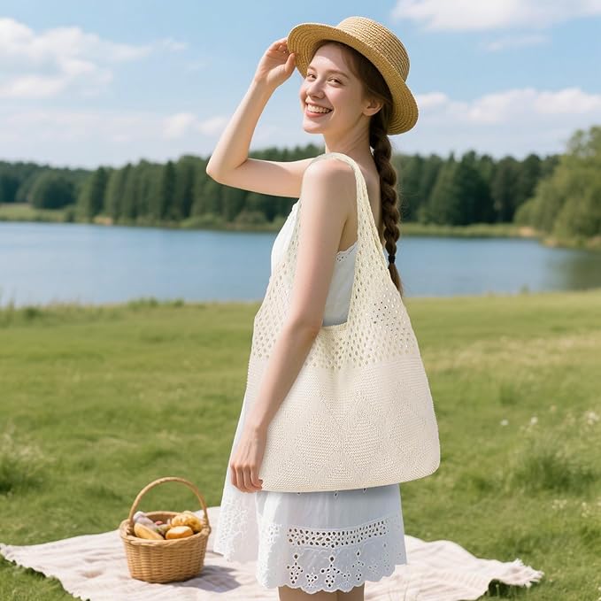 WantGor Crochet Bags, Beach Mesh Tote Bag Womens Shoulder Shopping Handbag Casual Travel Totes Bag Foldable Hobo Bags