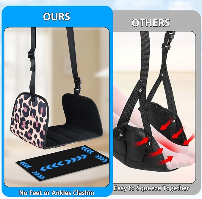 Airplane Foot Hammock, Office Footrest Airplane with 2 Hooks Long Flight Hammock Memory Foam Travel Foot Rest Plane Foot Sling Under Desk at Work Gaming Travel Essentials, Leopard Print
