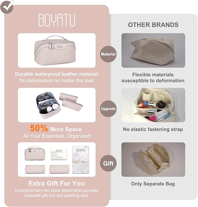 BOYATU Travel Makeup Bag Cosmetic Bags for Women: Large Capacity 3 Pcs Set Make up Bag with Compartments - Waterproof Vegan Leather Toiletry Organizer Bags with Handle (L18 Beige)
