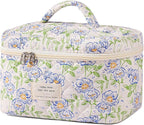 uekeboag Large Travel Quilted Makeup Bag for Women, Floral Cotton Cosmetic Bag, Coquette Aesthetic Floral Toiletry Organizer Bag