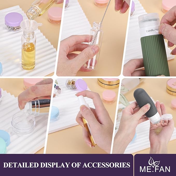 ME.FAN 18 Pack Travel Bottles for Toiletries, TSA Approved Silicone Portable Size Bottle, Refillable Cosmetic Container Kits for Conditioner, Shampoo, Lotion,Face Cream - Purple