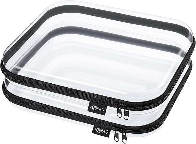 YQBRAO 2-Pack Large Clear Hard Shell Zipper Case Black, 1.2mm Heavy-Duty Crush-Proof Makeup Bag, Large Diaper Bag Organizer Pouches, Rigid Clear Zipper Pouches for Toys, Art Supplies & Tech