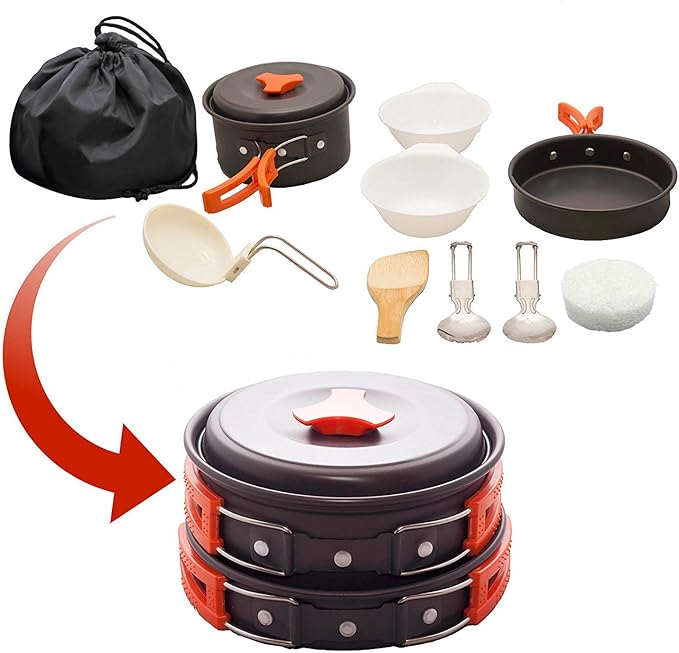 Voyage Living 12 PCS Lightweight Camping Cookware Set – Non-Stick Pots, Pans & Utensils for Backpacking, Hiking – Compact Mess Kit for 1-2 People, Gift with Emergency Blanket