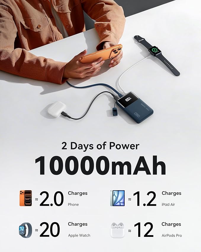 INIU Ultra Compact Portable Charger, 10000mAh 45W Fast Charging Power Bank with Detachable USB-C Cable & Stand, Flight-Safe Travel Battery Packfor iPhone, Samsung, Xiaomi, for Boys, Girls, Blue