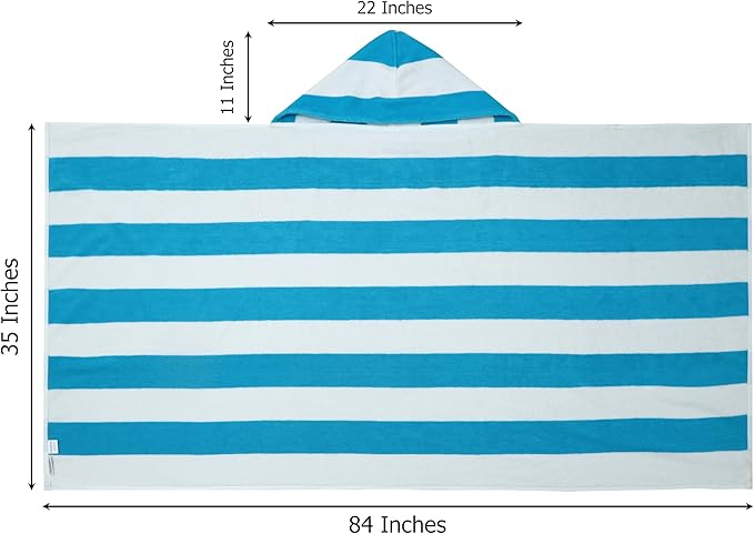 COTTON CRAFT Hooded Beach Towel - Oversized XXL 35x84 Towel with Hood for Adults - The Big Kahuna 7 Foot Beach Blanket Towel - Big & Tall Soft 100% Cotton Velour - Pool Bath Wrap - Cabana Stripe Aqua
