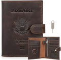 CONTACTS Full Grain Leather Passport Holder Compatible with Airtag RFID Blocking Passport Wallet for Men Travel Passport Cover with SIM Card Removal Tool (Bagde, Dark Brown)