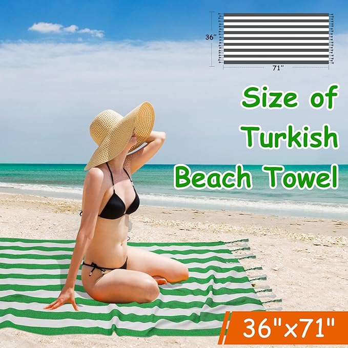 Set of 6 Turkish Beach Towel, Cotton Beach Towels, 36 x 71 Inches Turkish Towel, Sand Free, Quick Dry, Lightweight Beach Towels for Adult Green