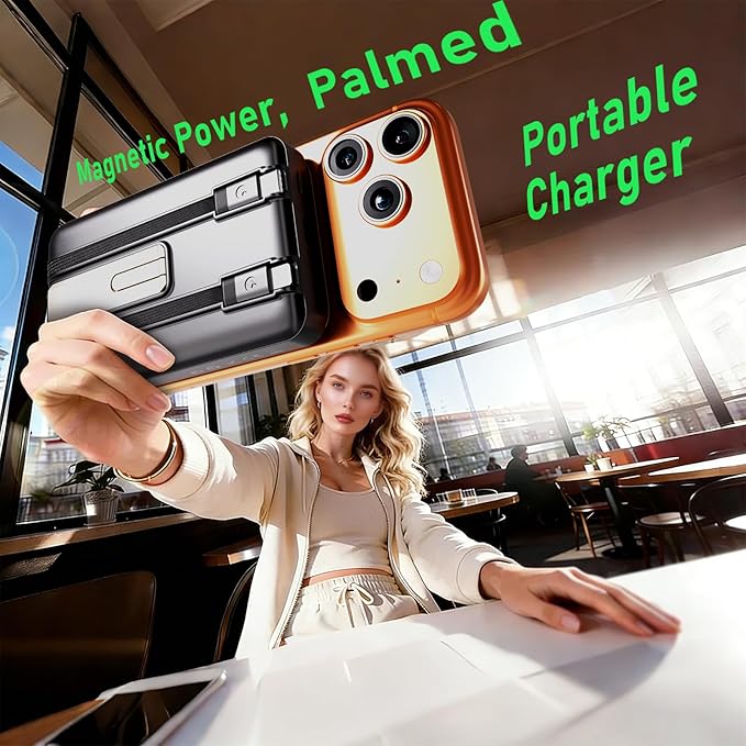Magnetic Power Bank 10000mAh, 4-in-1 Portable Charger with Built-in USB-C/Lightning Cable Foldable Stand, 15W Fast Wireless Charging Battery Pack for Samsung, Android, iPhone, Travel Essential