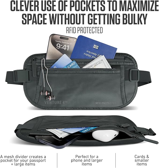 VENTURE 4TH Money Belt for Travel – Slim Hidden Under-Clothes RFID Blocking Anti-Theft Passport Holder & Travel Wallet Pouch for Men & Women to Protect Cash, Cards & Documents (Sleek Gray)