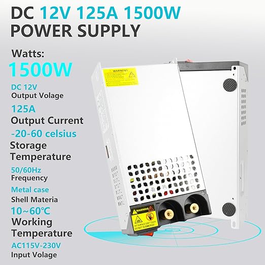 DC 12V 125A 1500W Power Supply 110V AC to 12V DC Converter Power Supply Adapter 125A 1500W Switch Transformer for Motor Pump CCTV Security Camera Car Stereo 3D Printer Device