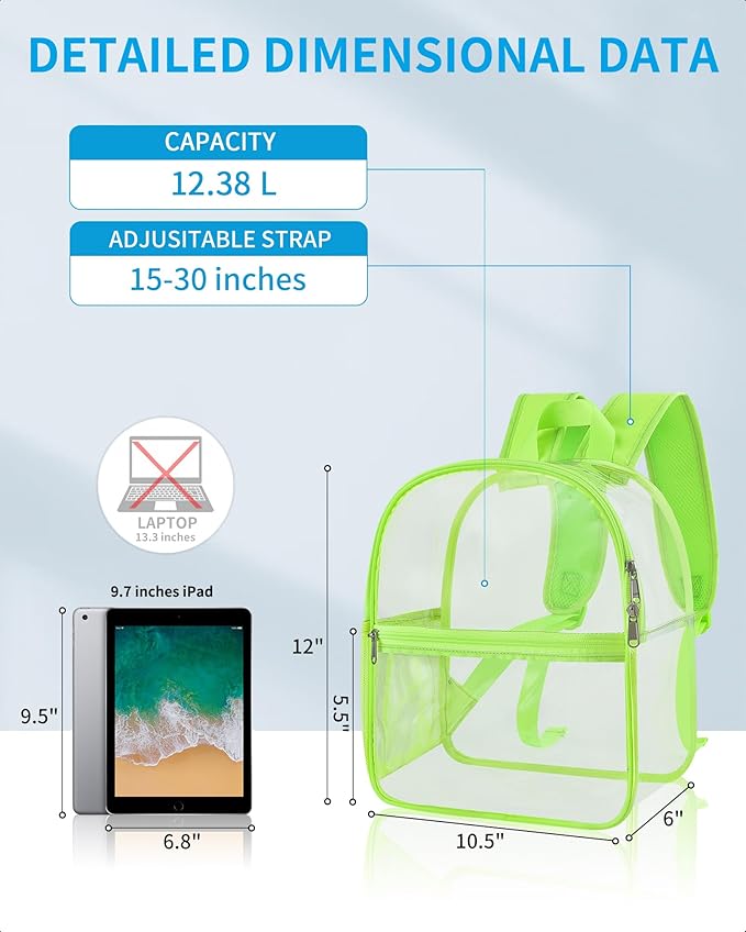 Paxiland Clear Backpack Stadium Approved 12×12×6 with Reinforced and Wider Shoulder Straps, Small Clear Bag for Schools, Concerts, Work, Festivals and Sporting Events - Green