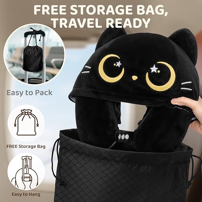 Mewaii Travel Neck Pillow with Hood for Airplanes,Memory Foam,Breathable Ice Silk & Soft Velvet,Double-Sided,Removable to Clean,Adjustable Strap,Portable Travel Pillow for Long Flights Adults & Teens
