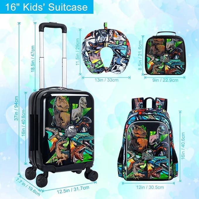 5Pcs Kids Luggage Set, 16" Boys Travel Suitcase with Spinner Wheels, Dinosaur Hardside Carry on Toddler Rolling Suitcase Airline Approved（Black）