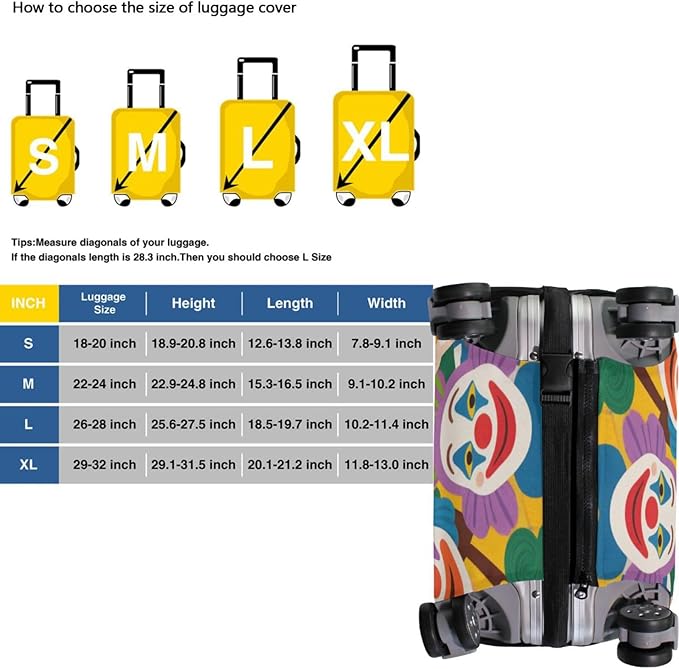 Colorful Cartoon Cute Clown Elastic Large Luggage Cover Washable Elastic Suitcase Covers Luggage Protector Fit 18-32 Inch Luggage, Colorful Cartoon Cute Clown, L 26-28 in, casual