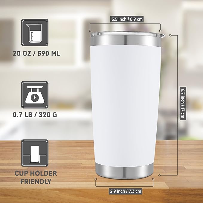 20 oz Tumbler Stainless Steel Tumblers with Lid Double Wall Vacuum Insulated Coffee Mug 20oz Powder Coated Cup for Hot and Cold Drinks, White, 1 pack
