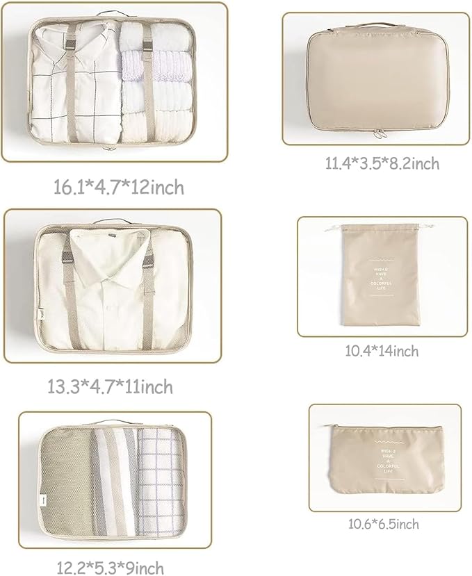 LANSKLBD 6 Set Packing Cubes for Travel, Luggage Organizers with Shoe & Toiletry Bags, Lightweight Suitcase Organizer for Carry-On, Washable Laundry Bags (Beige)