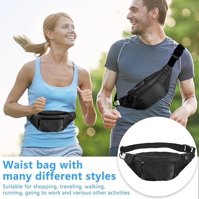 Crossbody Fanny Pack Large Capacity Waist Bag with Hidden Zipper Pockets Adjustable Strap Fanny Packs Waterproof Oxford Cloth Travel Belt Bag for Outdoor Shopping Travel Men Women (Black 60PCS)