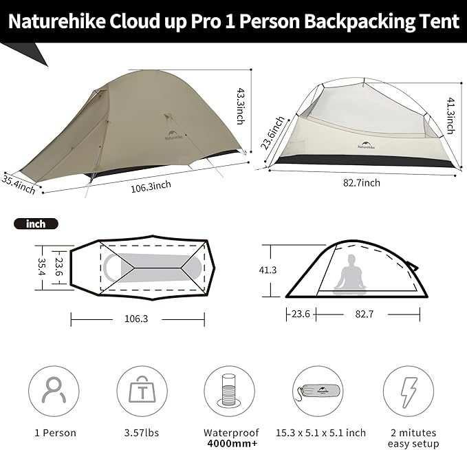 Naturehike Cloud Up Tent, Lightweight Backpacking Tents, Waterproof Ultralight Tent for Camping Hiking Backpacking