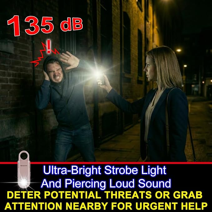 135dB Rechargeable Personal Safety Alarm Built-in Ultra-Bright Flashlight. Non Slip Grip Keychain Emergency SOS Siren for Women, Students, Night Runner. Loud Sound Hiking Bear Alerts with Hook. Black