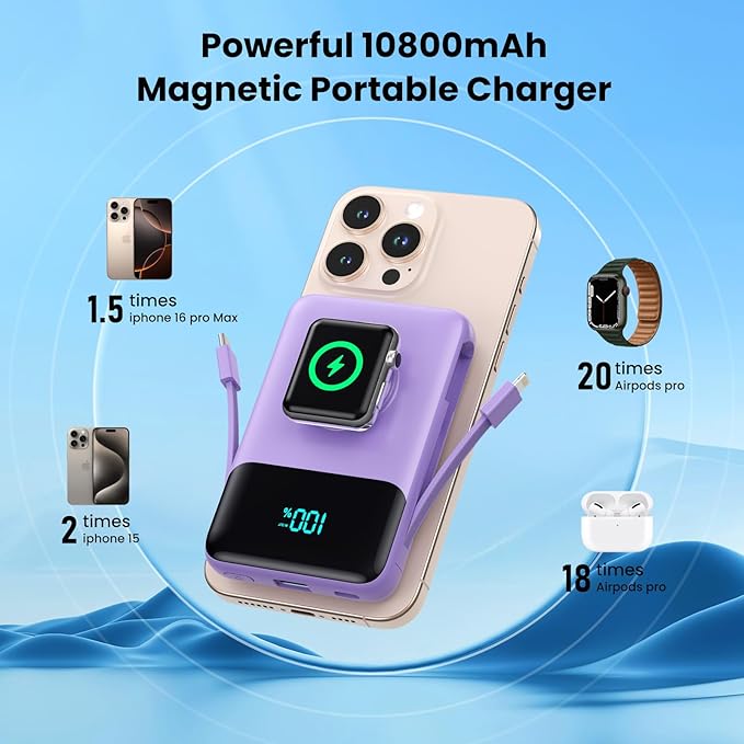 Magnetic Portable Charger for iPhone with Built-in Cable,10800mAh Wireless Power Bank for Magsafe Travel Essential,6-in-1 25W PD Fast Charging USB C Battery Pack for iPhone 17/16/15/14/13, Apple Watch