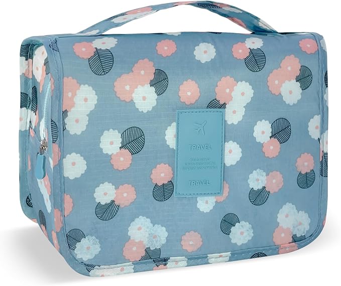 Lcsmaokin Large Capacity Toiletry Bag Travel Bag with Hanging Hook for Men and Women Waterproof Travel Cosmetic Bag Bathroom Storage Bag for Brushes Set,Full-Sized Shampoo,Accessories-Blue Flower