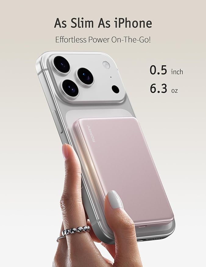 RORRY for Magsafe Portable Charger, 10000mAh Ultra Slim Magnetic Power Bank, 22.5W Fast Charging Wireless Portable Charger, USB C Battery Pack for iPhone 17/16/15/14/13/12 Plus Pro Max, Pink