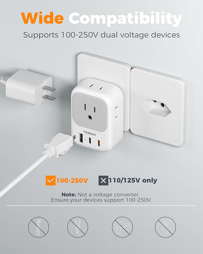 TESSAN Switzerland Travel Plug Adapter PD 20W, 2 Pack Type J Switzerland Power Adapter with 4 Outlets 3 USB (2 USB-C), Swiss Plug for US to Rwanda Jordan Liechtenstein Madagascar, Travel Essentials