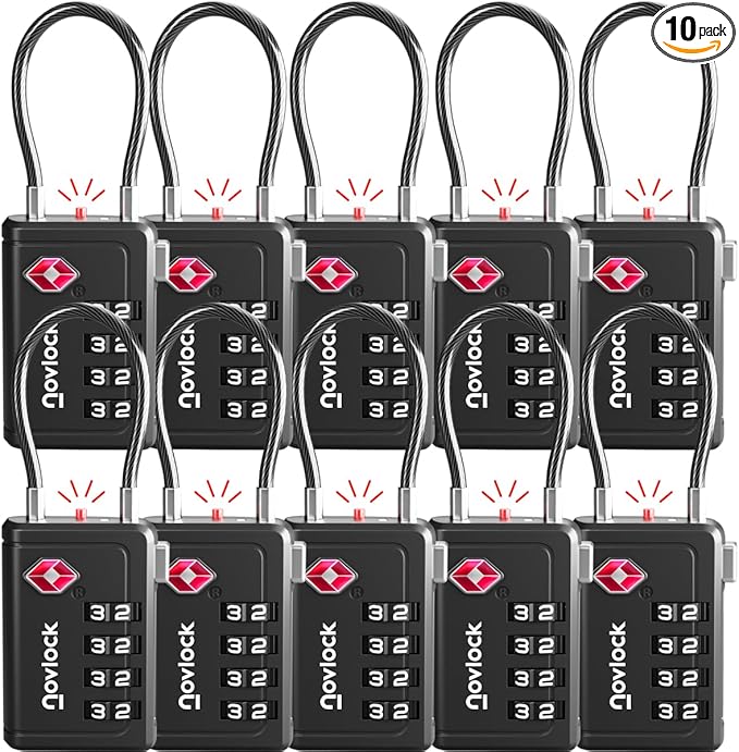 Luggage Locks TSA Approved with Inspection Indicator and Resettable 4-Digit, Easy-to-Read Combination, TSA Locks for Luggage, Suitcases, Backpacks & Travel Bags, Black, 10-Pack