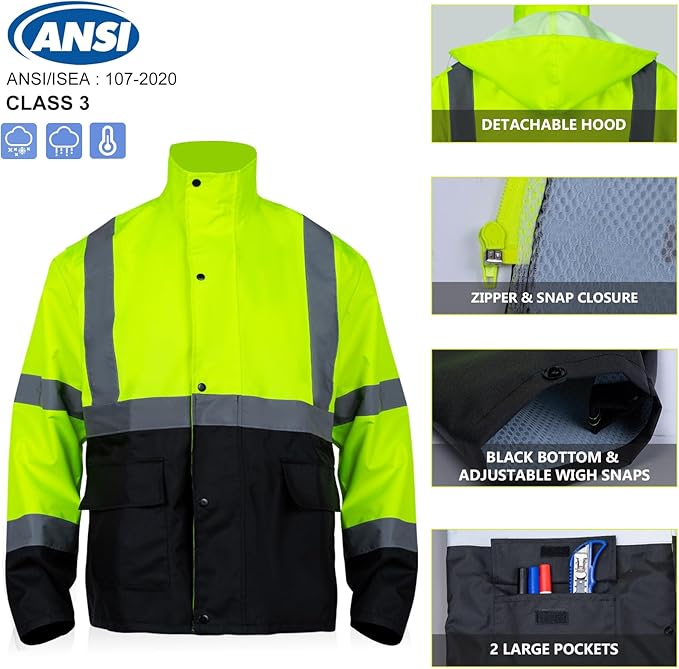 VENDACE Class 3 High Visibility Rain Suits,Rain Gear for Men Yellow/Lime Reflective Hi Vis Safety Rain Work Jacket,Pants