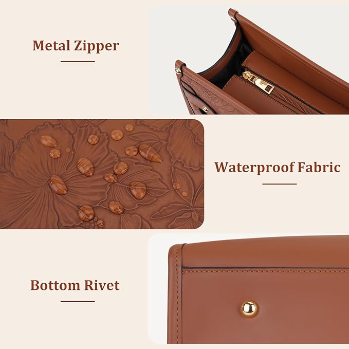MOSISO Laptop Tote Bag for Women, 15.6 inch Large Capacity Vintage Leather Work Bag with Clutch Purse, Front Embossed Retro Hibiscus Shoulder Computer Bags Work Briefcase for Office Casual, Brown
