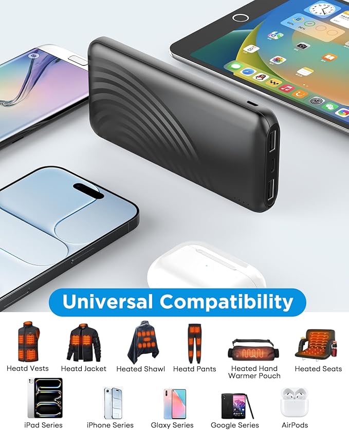 Heated Vest Battery Pack,10000mAh 5V 2A Power Bank Specially Designed for Heated Jacket, Heated Clothes,Heated Coat,Heated Pants.