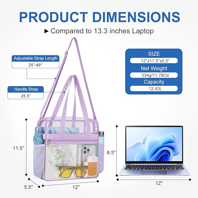 USPECLARE Clear Bag for Stadium Events,Transparent Bag for Work Sports Games Concerts Travel Gym