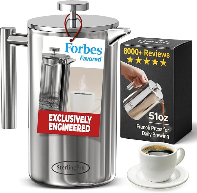 SterlingPro Stainless Steel French Press Coffee Maker 1.5 L (51 oz) Mirror – Double Walled Insulated Large Coffee Press, Durable Design Keeps Drinks Hot, Easy to Use and Clean for Rich Flavor Brewing