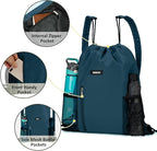 WANDF Drawstring Backpack with Shoulder Pad Sports Gym Backpack with Mesh Pocket String Bag for Women Men (Blue-Green)