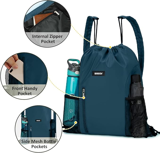 WANDF Drawstring Backpack with Shoulder Pad Sports Gym Backpack with Mesh Pocket String Bag for Women Men (Blue-Green)