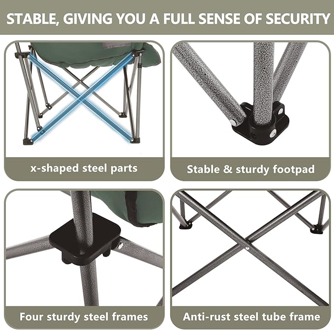 Colegence Oversized XL Padded Camping Chair Set of 2 Wide Heavy Duty Lawn Chairs Support 450 LBS Portable Folding Gaint Plus Camp Chair for Outdoor Outside Sports Baseball Soccer-Green