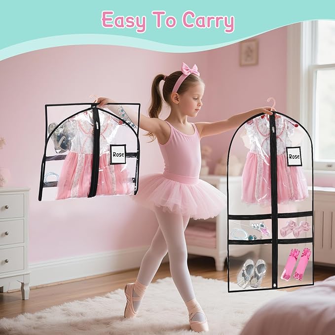 10 Pack Garment Bags for Dance Costumes,40" Kids Clear Garment Bags for Hanging Clothes with 4 Zipper Pocket,Dance Competition Must Haves for Dance Competition, Travel, Closet Storage(Black)