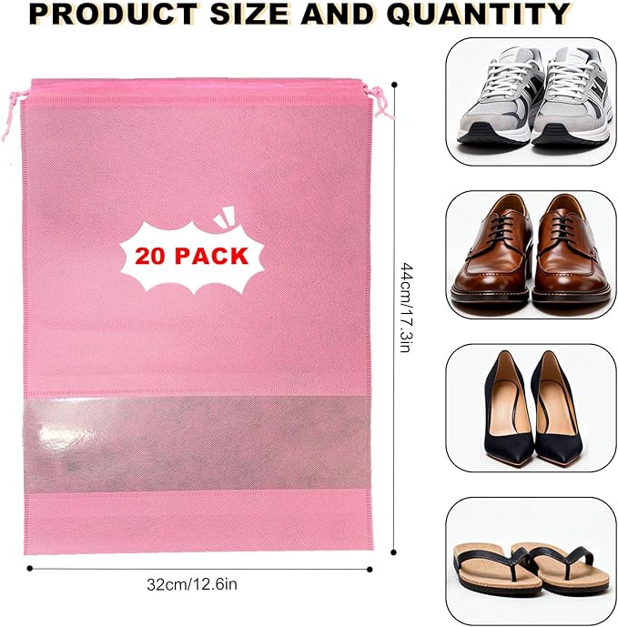 20 Pack Shoe Bags for Travel, 17" x 12.6" Drawstring Shoe Organizers with Clear Window, Breathable Non-Woven Dustproof Pouches for Luggage & Closet (Pink)