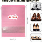 20 Pack Shoe Bags for Travel, 17" x 12.6" Drawstring Shoe Organizers with Clear Window, Breathable Non-Woven Dustproof Pouches for Luggage & Closet (Pink)