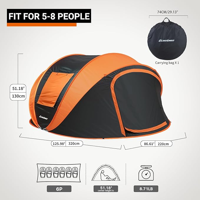 EchoSmile Pop Up Camping Tent, 2/4/6 Person Easy Setup Tent, Water Resistant Dome, Portable with Carry Bag