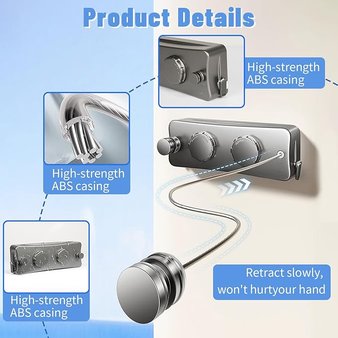 【Upgraded Heavy Duty】 Retractable Clothesline Indoor, 16.7Ft Wall Mounted Clothes Line for Laundry Room, Bathroom, Balcony, RV, Space Saving Travel Drying Rack