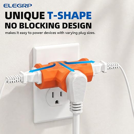 ELEGRP 3-Prong Heavy Duty Power Extender to Triple Outlet in T Direction, Multi-Directional Grounded Wall Tap Outlet Extender with 3 Prong Plug-in, 15-Amp, 125-Volt, ETL Listed, 3 Pack, Orange