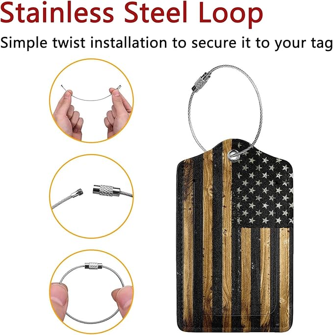 GACCAP 2 Pack Luggage Tags for Suitcase, Privacy Cover ID Label with Stainless Steel and Address Card for Travel Bag Backpack Cruise Ship Essentials Tag Women Men - Wood American Flag