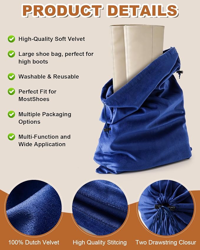 2 Pcs Shoe Bags for Travel, 21.2"x13.3" Large Boot Bags for Cowboy Boots, Washable Velvet Dust Bag with Drawstring for Dress Shoes, Handbags and Clothing, Suitable for Travel and Home Storage