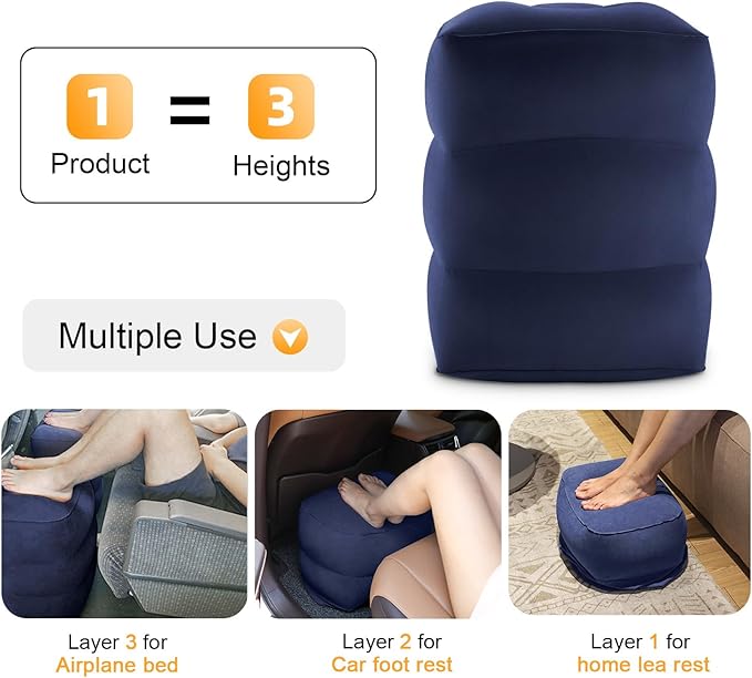 Maliton Inflatable Travel Foot Rest Pillow, Kids Airplane Bed, Adjustable Height Leg Pillow for Air Travel, Make a Flat Bed for Kids and Toddlers, Great for Airplane, Train, car（Blue, 1 Pack）