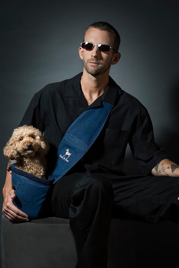 Noah & Paw Dog Sling Carrier for Small Dogs 3-10lb, Dog Sling for Small Dogs and Cats, Dog Carrier with Adjustable Padded Strap, Vegan Denim Lined with Fur, 3X Safety Features, Machine Washable