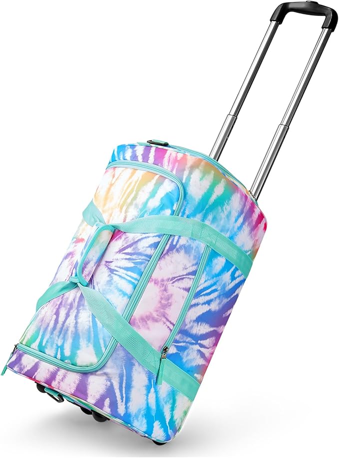 Choco Mocha Girls Suitcase with Wheels, Kids Rolling Duffle Bag Luggage for Travel 22inch, Tie Dye Rainbow