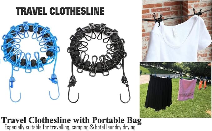 1 Pack Portable Clothesline with 12 Clothespins, Windproof Travel Clothesline Stretchy Retractable Elastic Laundry Clothes Line for Backyard, Vacation Hotel, Balcony Clothes Drying Line