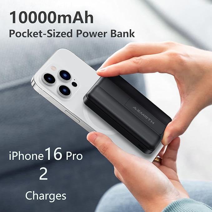 Azmuth Wireless Portable Charger with Stand, 10000mAh Magnetic Power Bank, 22.5W USB-C Fast Charging Battery Pack with Digital Display Compatible with iPhone 15/14/13/12 Series (Black), KT-D022