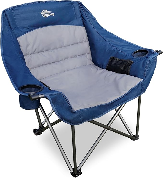 Bolosy Oversized Camping Chair Portable Folding Camping Chairs with Side Pocket Cup Holder and Carry Bag Heavy Duty Outdoor Camping Chairs for Adults, Fishing, Sports, Trip, Support 500lbs, Blue